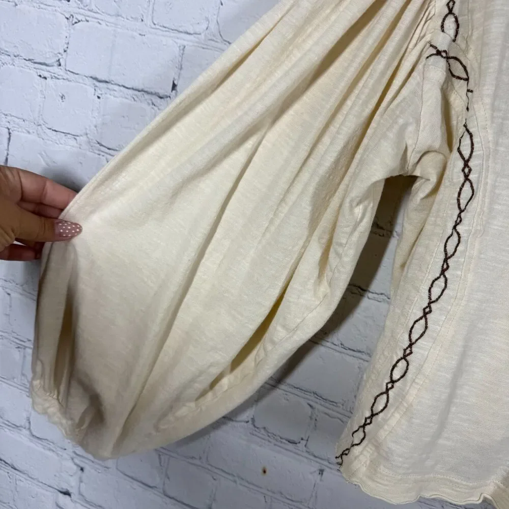 Free People Blouse Womens Small Ivory Embroidered Boho Balloon Sleeve Crop Top